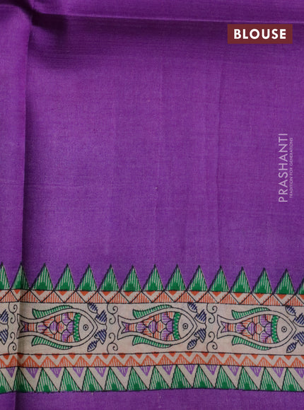 Madhubani printed silk saree violet and cream with plain body and madhubani printed border