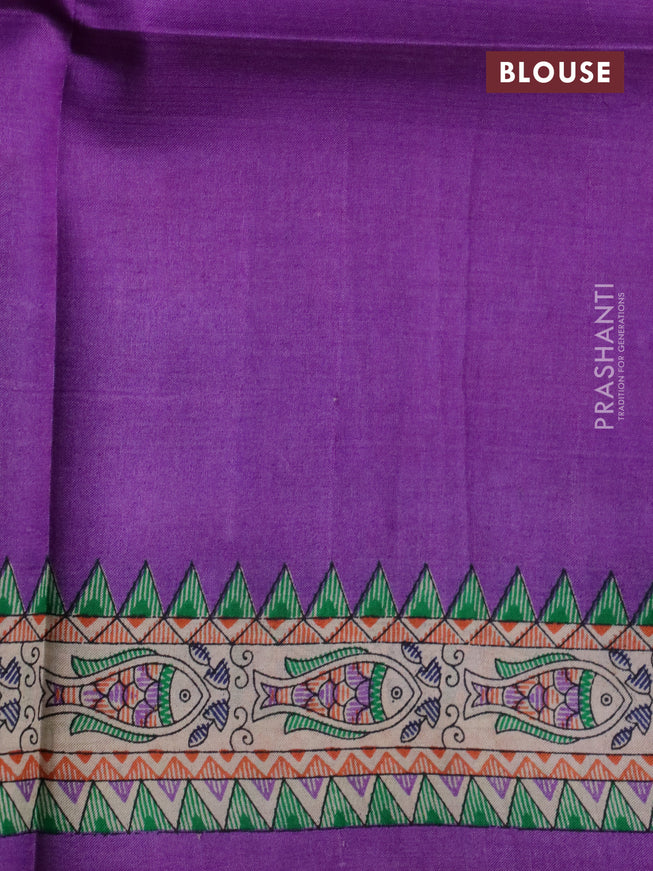 Madhubani printed silk saree violet and cream with plain body and madhubani printed border