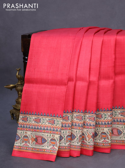 Madhubani printed silk saree pink and cream with plain body and madhubani printed border