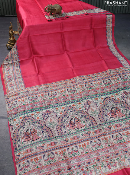 Madhubani printed silk saree pink and cream with plain body and madhubani printed border