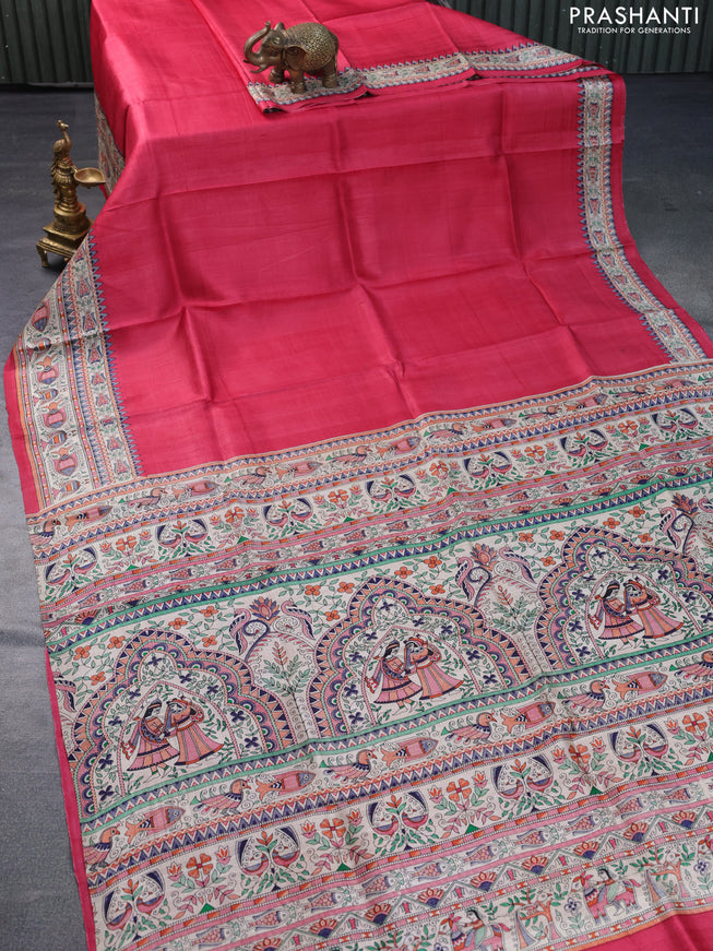 Madhubani printed silk saree pink and cream with plain body and madhubani printed border