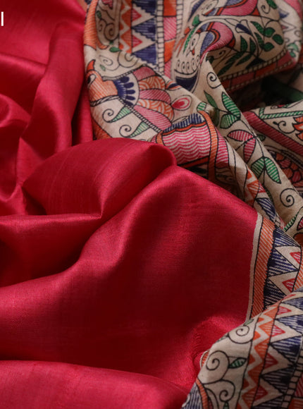 Madhubani printed silk saree pink and cream with plain body and madhubani printed border