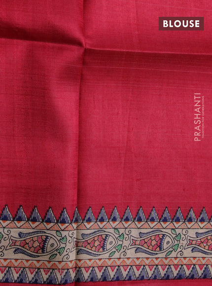 Madhubani printed silk saree pink and cream with plain body and madhubani printed border