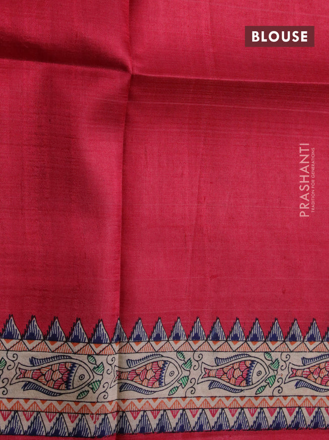 Madhubani printed silk saree pink and cream with plain body and madhubani printed border