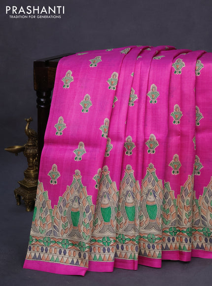 Madhubani printed silk saree pink and cream with butta prints and madhubani printed border