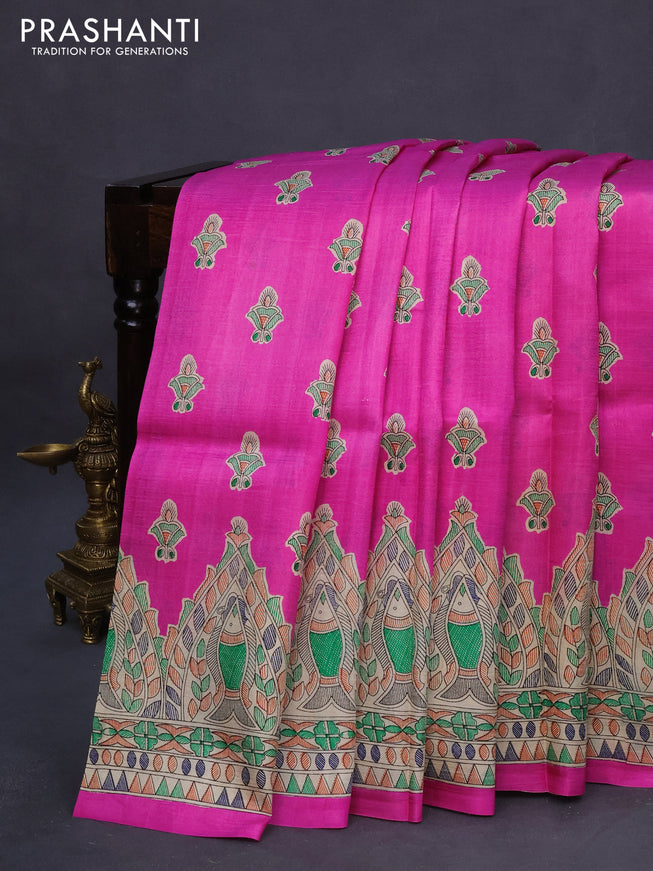 Madhubani printed silk saree pink and cream with butta prints and madhubani printed border