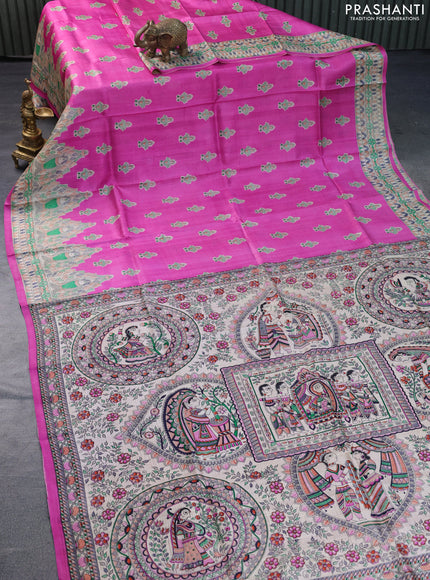 Madhubani printed silk saree pink and cream with butta prints and madhubani printed border