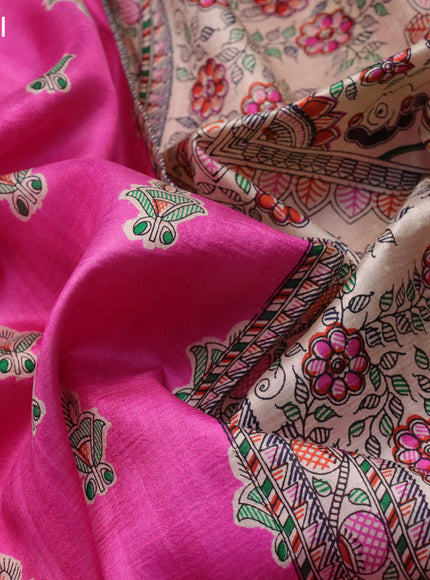 Madhubani printed silk saree pink and cream with butta prints and madhubani printed border