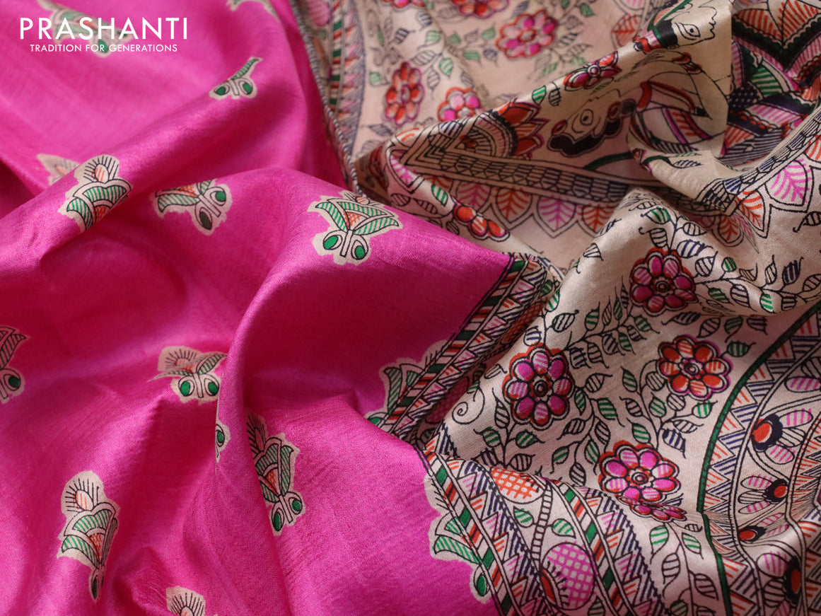 Madhubani printed silk saree pink and cream with butta prints and madhubani printed border