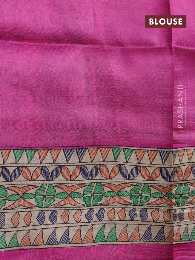 Madhubani printed silk saree pink and cream with butta prints and madhubani printed border