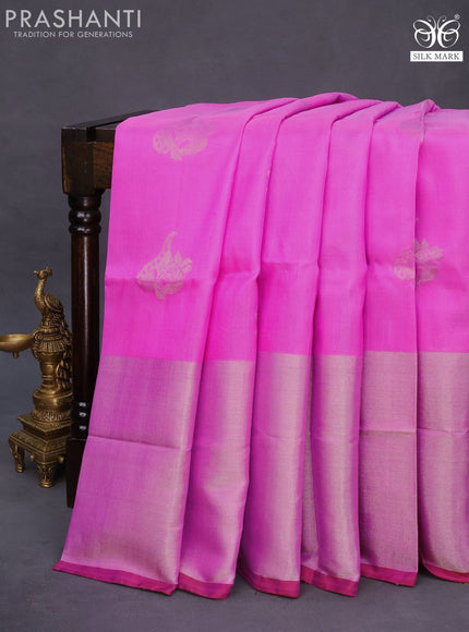 Pure uppada silk saree light pink and maroon with silver zari woven buttas long silver zari woven border