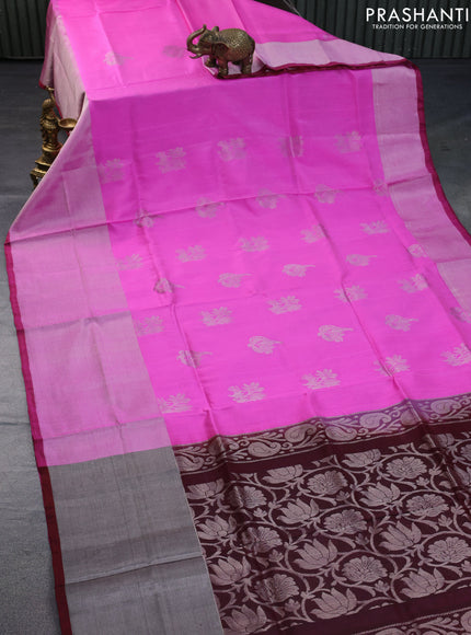 Pure uppada silk saree light pink and maroon with silver zari woven buttas long silver zari woven border