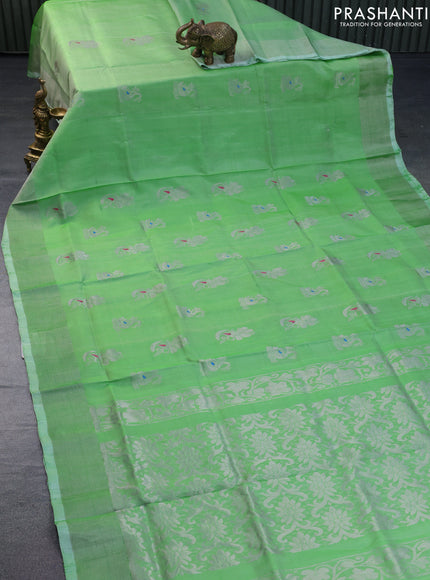 Pure uppada silk saree green with silver zari woven buttas and silver zari woven border