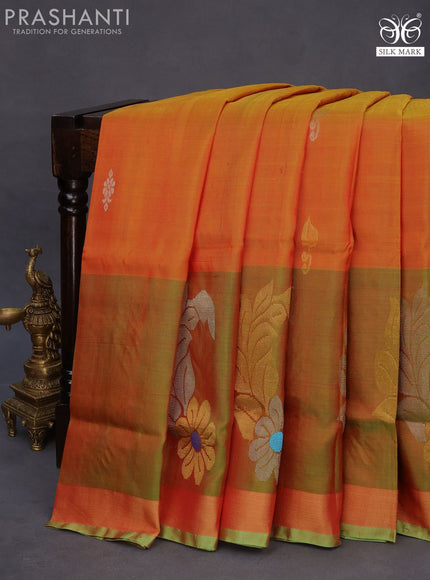 Pure uppada silk saree dual shade of mustard yellow and dual shade of green with silver & gold zari woven buttas and long floral design zari woven border