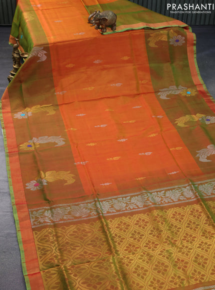 Pure uppada silk saree dual shade of mustard yellow and dual shade of green with silver & gold zari woven buttas and long floral design zari woven border