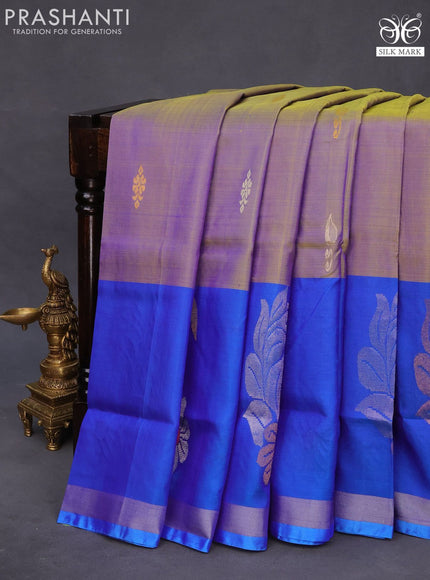 Pure uppada silk saree dual shade of greenish blue and blue with silver & gold zari woven buttas and long floral design zari woven border