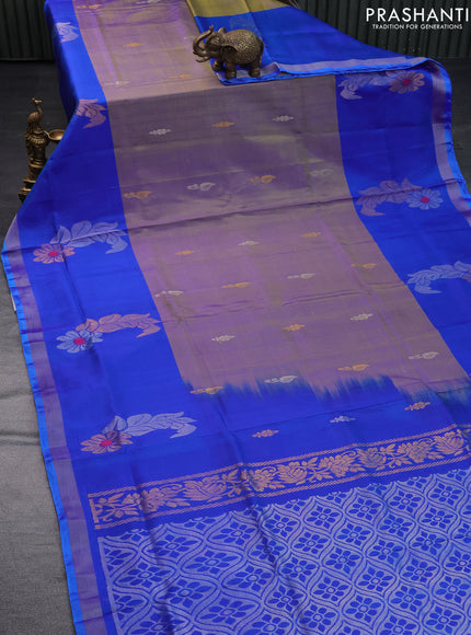 Pure uppada silk saree dual shade of greenish blue and blue with silver & gold zari woven buttas and long floral design zari woven border