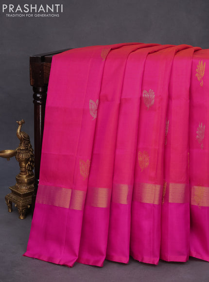 Pure uppada silk saree dual shade of pinkish orange and pink with silver & gold zari woven buttas and zari woven simple border