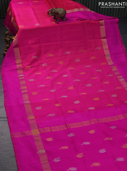 Pure uppada silk saree dual shade of pinkish orange and pink with silver & gold zari woven buttas and zari woven simple border