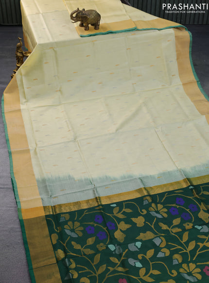 Pure uppada silk saree cream and green with silver & gold zari woven paisley buttas and zari woven border