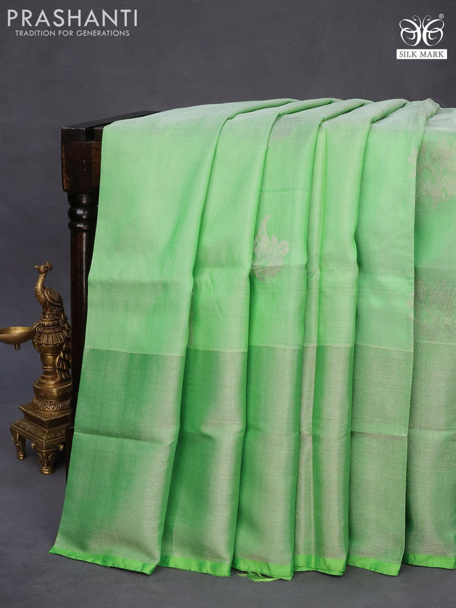 Pure uppada silk saree green with silver zari woven buttas and long silver zari woven border