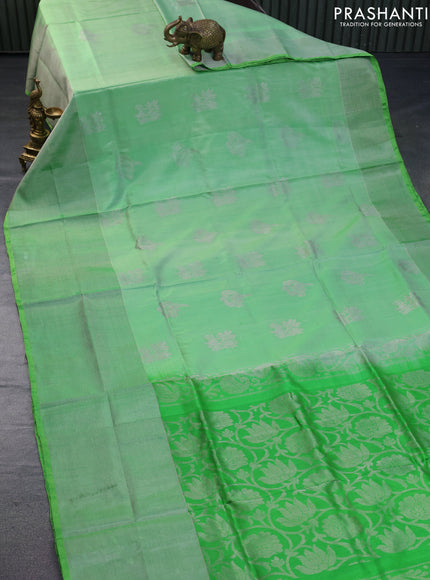 Pure uppada silk saree green with silver zari woven buttas and long silver zari woven border