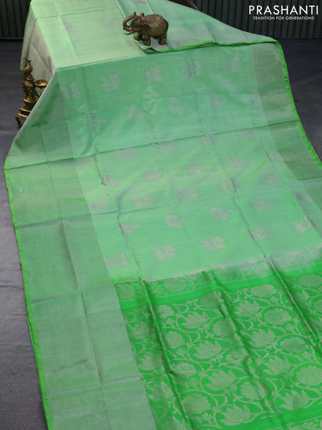 Pure uppada silk saree green with silver zari woven buttas and long silver zari woven border