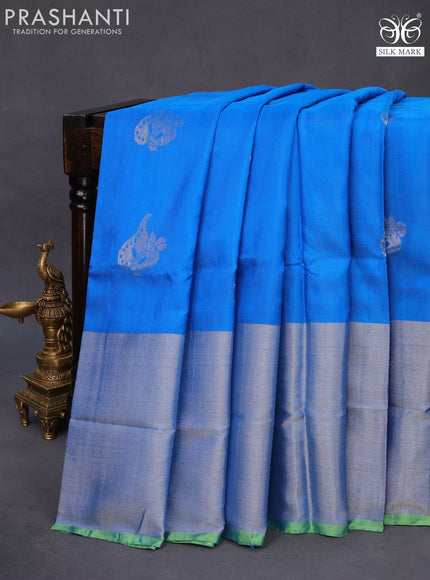 Pure uppada silk saree cs blue and parrot green with silver zari woven buttas and long silver zari woven border