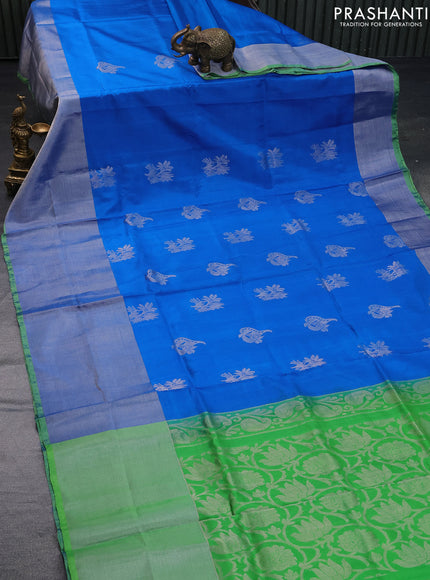 Pure uppada silk saree cs blue and parrot green with silver zari woven buttas and long silver zari woven border