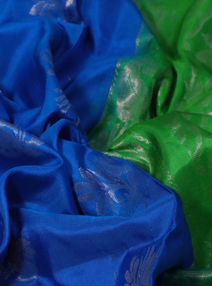 Pure uppada silk saree cs blue and parrot green with silver zari woven buttas and long silver zari woven border