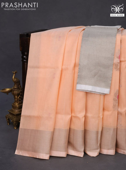 Pure uppada silk saree mild peach orange with silver zari woven buttas and silver zari woven border