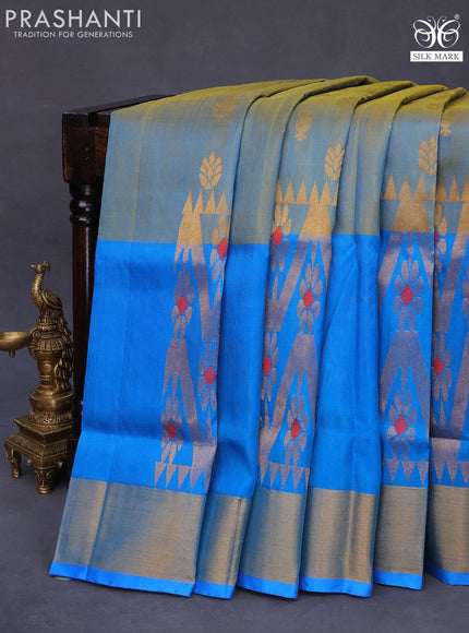 Pure uppada silk saree dual shade of bluish yellow and cs blue with allover zari woven buttas and long zari woven border