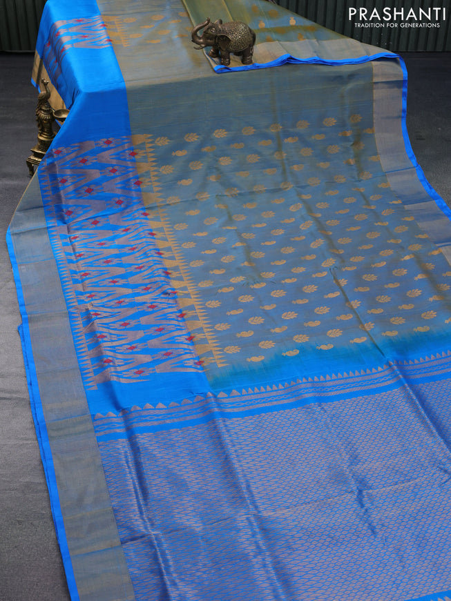 Pure uppada silk saree dual shade of bluish yellow and cs blue with allover zari woven buttas and long zari woven border