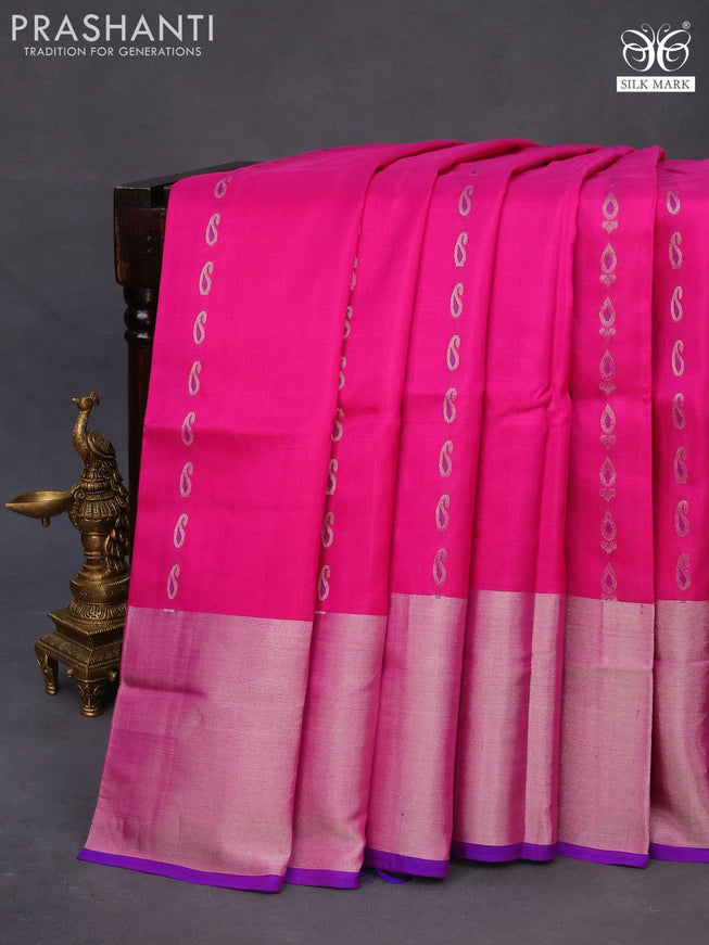 Pure uppada silk saree pink and blue with silver zari woven paisley buttas and long silver zari woven border