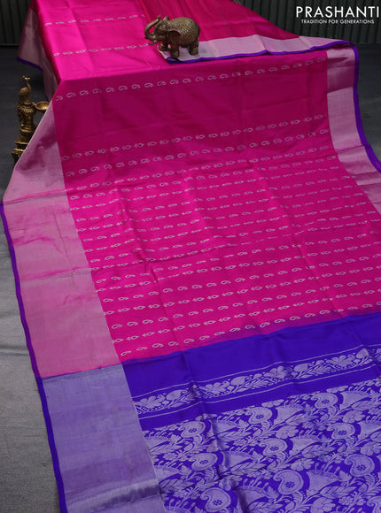 Pure uppada silk saree pink and blue with silver zari woven paisley buttas and long silver zari woven border