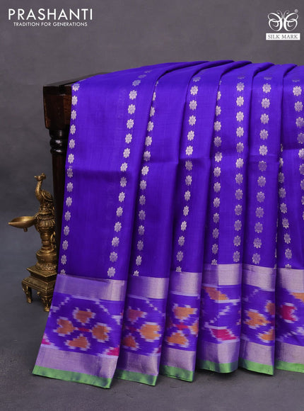 Pure uppada silk saree royal blue and light green with allover silver zari woven buttas and silver zari woven ikat border