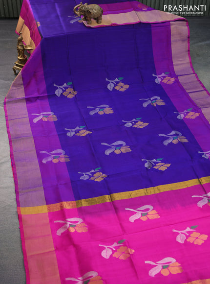 Pure uppada silk saree blue and pink with floral jamdhani buttas and zari woven border