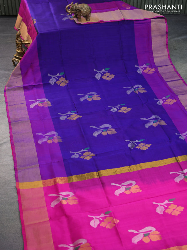 Pure uppada silk saree blue and pink with floral jamdhani buttas and zari woven border