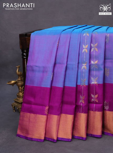 Pure uppada silk saree dual shade of blue and purple with silver & gold zari weaves and zari woven border