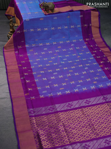 Pure uppada silk saree dual shade of blue and purple with silver & gold zari weaves and zari woven border