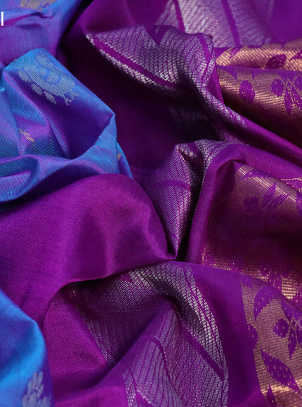 Pure uppada silk saree dual shade of blue and purple with silver & gold zari weaves and zari woven border