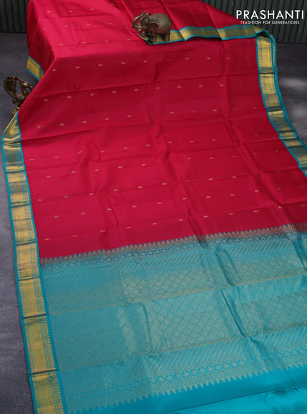 Pure kanchipuram silk saree pink and teal blue with zari woven buttas and zari woven korvai border