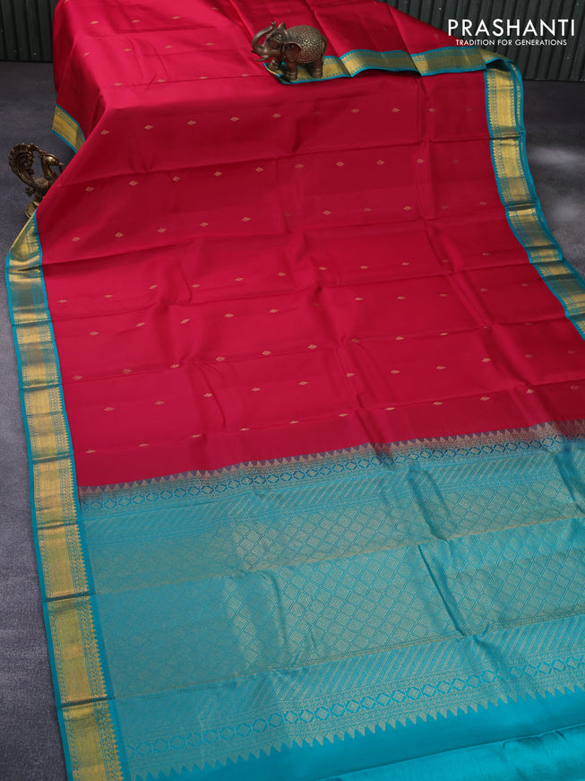 Pure kanchipuram silk saree pink and teal blue with zari woven buttas and zari woven korvai border