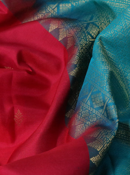 Pure kanchipuram silk saree pink and teal blue with zari woven buttas and zari woven korvai border