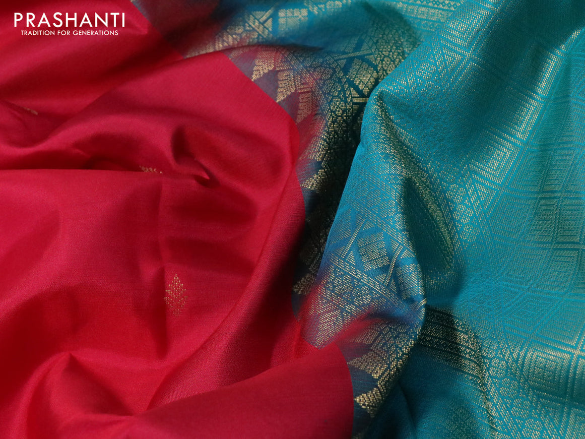 Pure kanchipuram silk saree pink and teal blue with zari woven buttas and zari woven korvai border