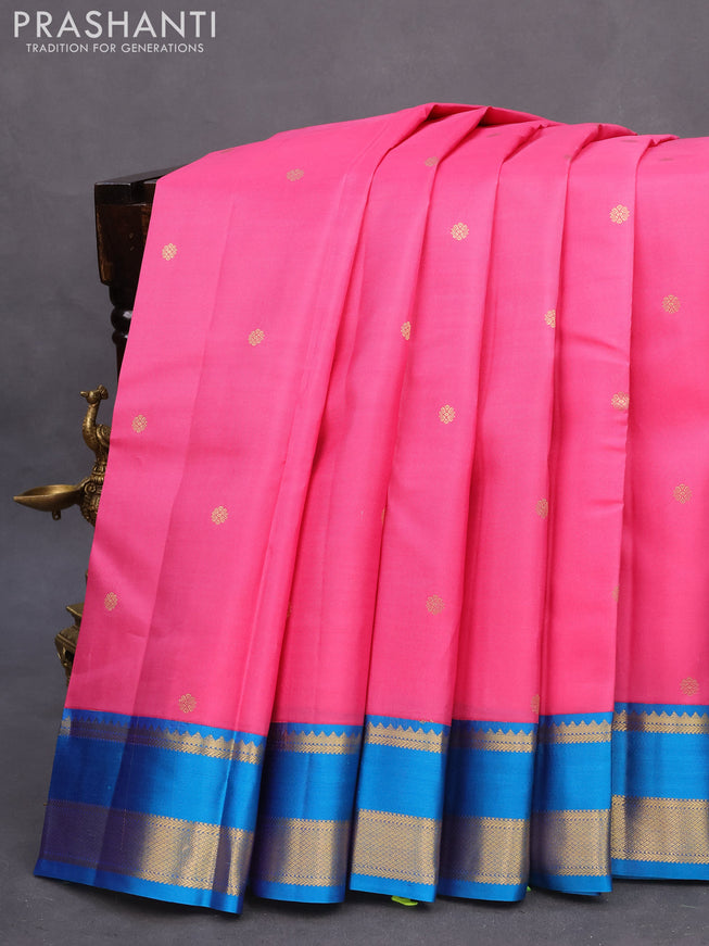 Pure kanchipuram silk saree pink and cs blue with zari woven buttas and rettapet zari woven border