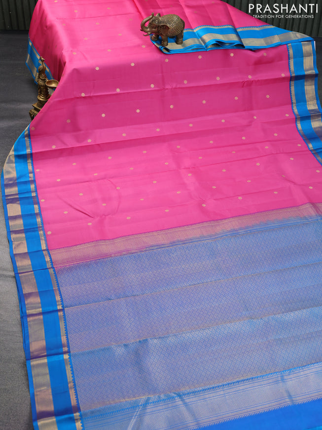 Pure kanchipuram silk saree pink and cs blue with zari woven buttas and rettapet zari woven border