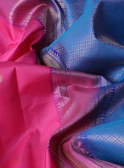 Pure kanchipuram silk saree pink and cs blue with zari woven buttas and rettapet zari woven border