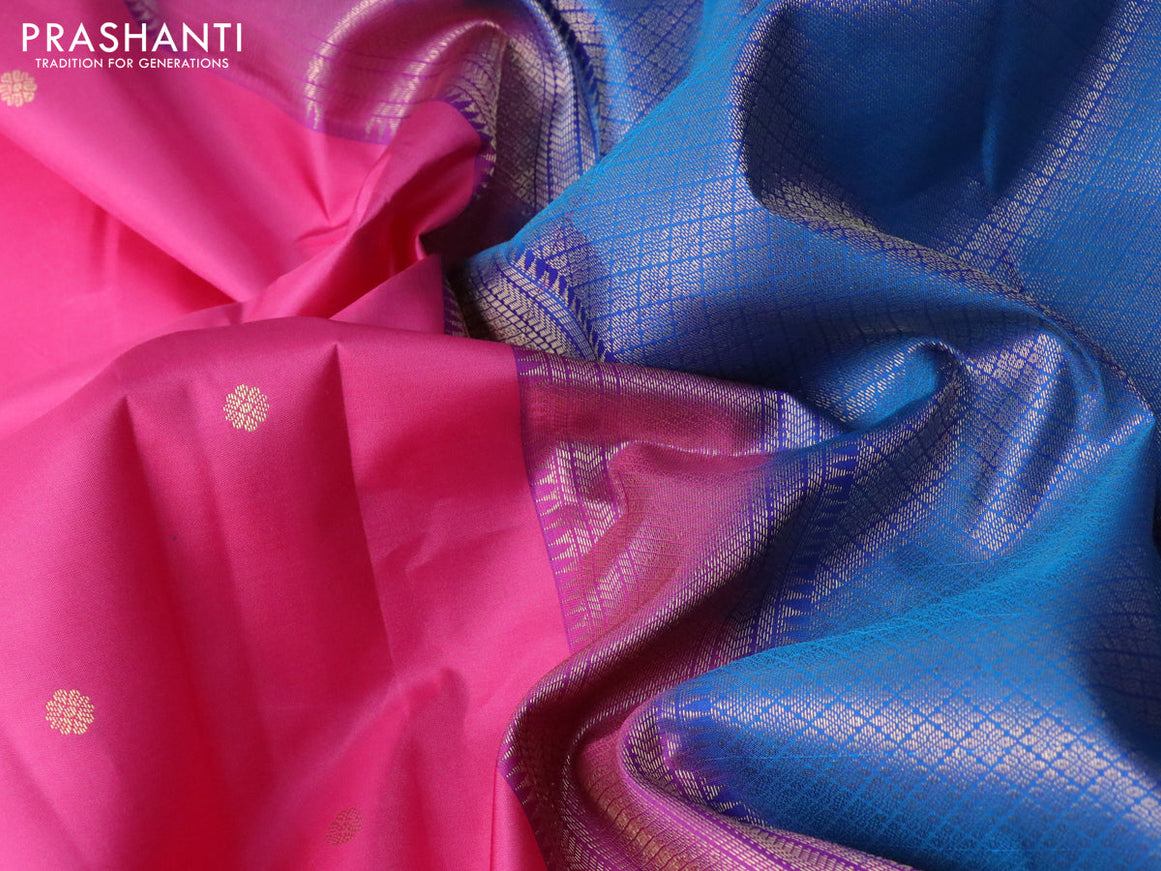 Pure kanchipuram silk saree pink and cs blue with zari woven buttas and rettapet zari woven border