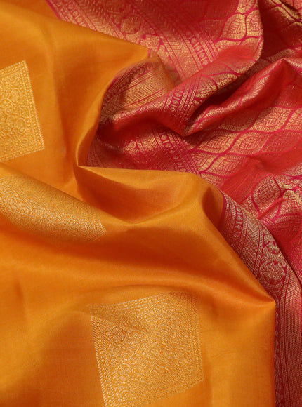 Pure kanchipuram silk saree dark mustard and dual shade of pinkish orange with zari woven box type buttas and zari woven border